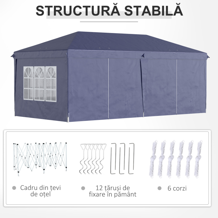  Foisor de gradina pliabil pentru exterior cu 6 panouri laterale, 585x295cm albastru [8]