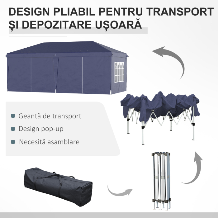  Foisor de gradina pliabil pentru exterior cu 6 panouri laterale, 585x295cm albastru [5]
