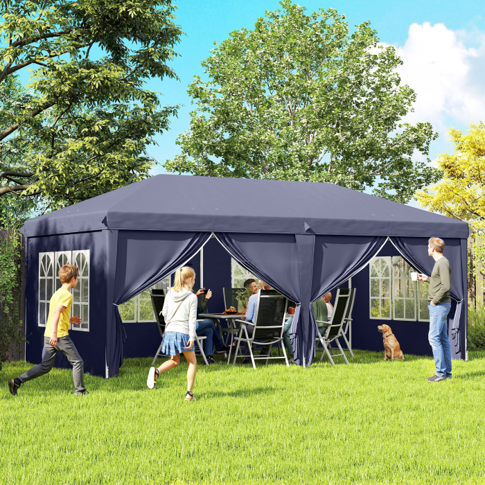  Foisor de gradina pliabil pentru exterior cu 6 panouri laterale, 585x295cm albastru [2]