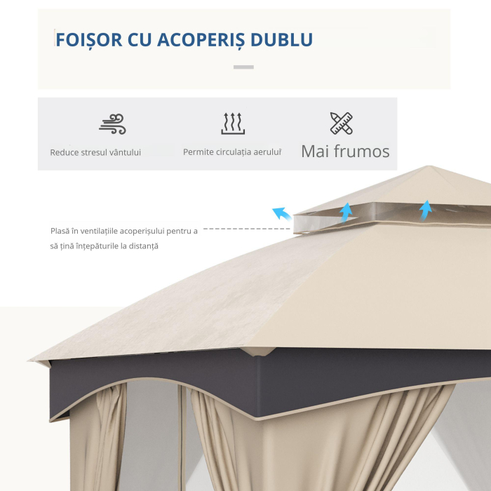  Foisor pentru gradina 3m x 3 m, Adapost copertina foisor exterior cu acoperis dublu cu plasa & draperii, Cadru din otel galvanizat pentru gradina, gazon, curtea din spate si punte [6]