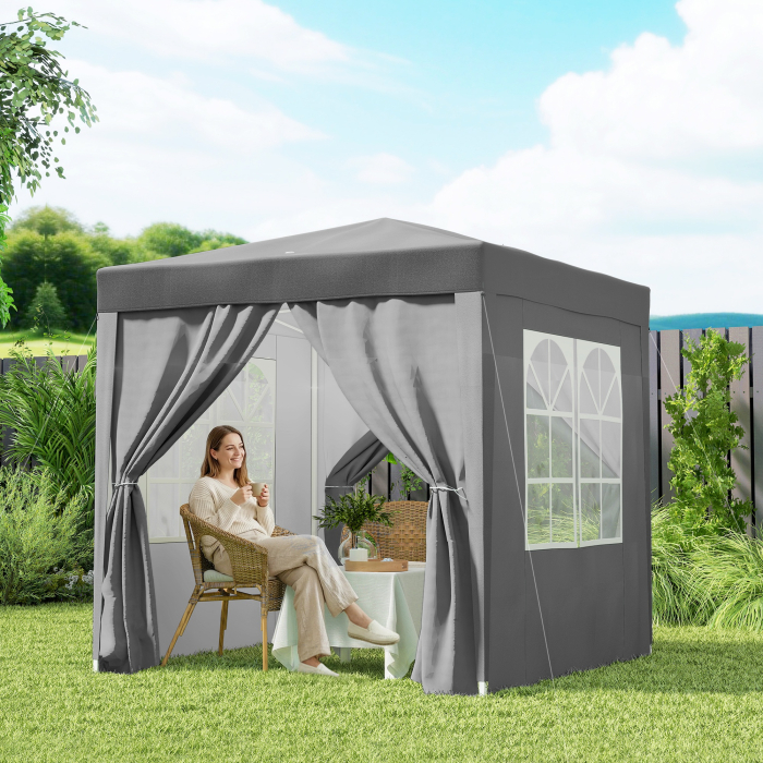  Foisor Pliabil 2x2 m Pop-Up cu 2 Usi, 2 Ferestre, 4 Pereti Detasabili, Foisor de Exterior cu Geanta de Transport din Otel si tesatura Oxford, pentru Gradina, Petreceri, Camping, Gri [9]