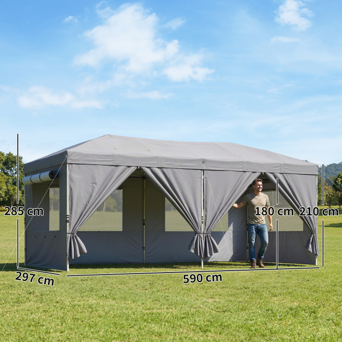  Foisor Pliabil 3x6m Pop-Up cu 6 Pereti Laterali, Foisor de Gradina Reglabil pe inaltime cu Saci de Nisip, Geanta cu Roti, UV50+ pentru Exterior, Gri inchis [3]