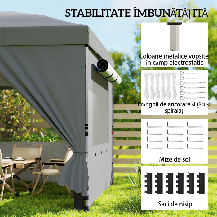  Foisor Pliabil 3x6m Pop-Up cu 6 Pereti Laterali, Foisor de Gradina Reglabil pe inaltime cu Saci de Nisip, Geanta cu Roti, UV50+ pentru Exterior, Gri inchis [7]