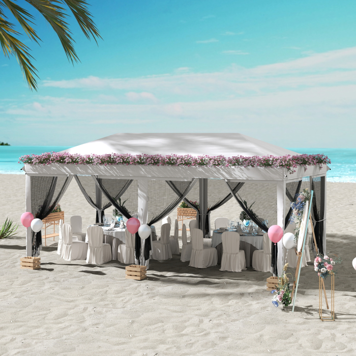  Foisor Pliabil cu 6 Perdele Plasa de Tantari, Foisor de Gradina cu Structura din Otel, 585x295x270cm, Alb Crem [2]