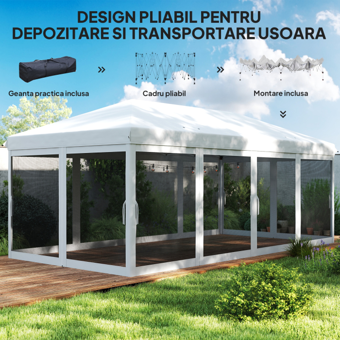  Foisor Pliabil cu 6 Perdele Plasa de Tantari, Foisor de Gradina cu Structura din Otel, 585x295x270cm, Alb Crem [5]