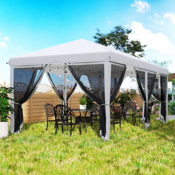  Foisor Pliabil cu 6 Perdele Plasa de Tantari, Foisor de Gradina cu Structura din Otel, 585x295x270cm, Alb Crem [9]
