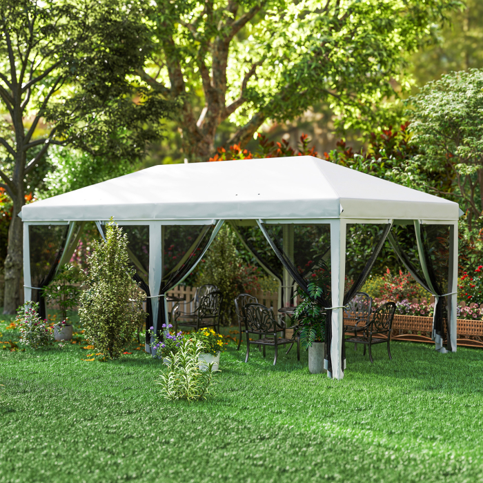  Foisor Pliabil cu 6 Perdele Plasa de Tantari, Foisor de Gradina cu Structura din Otel, 585x295x270cm, Alb Crem [8]