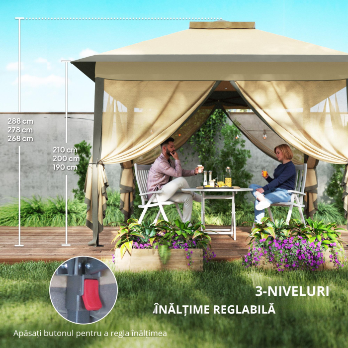  Foisor Pliabil cu Plasa de Tantari, Baldachin Dublu, inaltime Reglabila si Geanta de Transport, 330x330x288 cm, Bej [7]