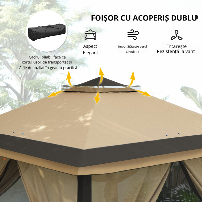  Foisor Pliabil cu Plasa de Tantari, Baldachin Dublu, inaltime Reglabila si Geanta de Transport, 330x330x288 cm, Bej [6]