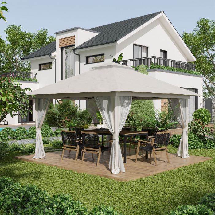  Foisor Pliabil Pop Up 4x4 m cu Inaltime Reglabila pe 3 Nivele, Foisor Exterior cu Plase de tantari, Saci de Nisip, Geanta de Transport, UV50+, pentru Gradina, Camping, Evenimente, Crem [2]