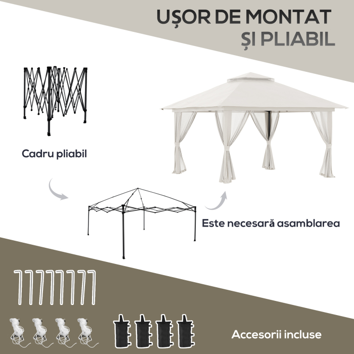  Foisor Pliabil Pop Up 4x4 m cu Inaltime Reglabila pe 3 Nivele, Foisor Exterior cu Plase de tantari, Saci de Nisip, Geanta de Transport, UV50+, pentru Gradina, Camping, Evenimente, Crem [5]