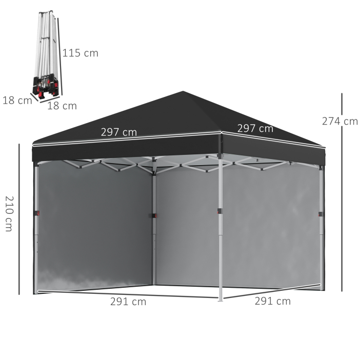  Foisor Pop Up 3 x 3 (M) cu 2 pereti laterali, Saci de greutati pentru picioare si geanta de transport, Cort de petreci pentru evenimente in gradina, curte cu inaltime ajustabila, Negru [3]