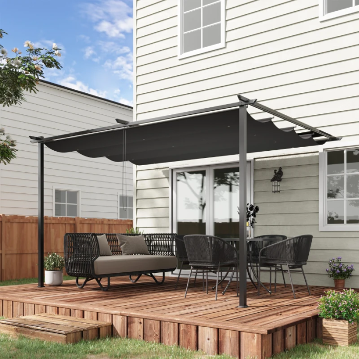  Foisor tip pergola din otel si poliester cu acoperis de protectie culisant, suruburi si carlige incluse, 390x290x220 cm, gri [2]