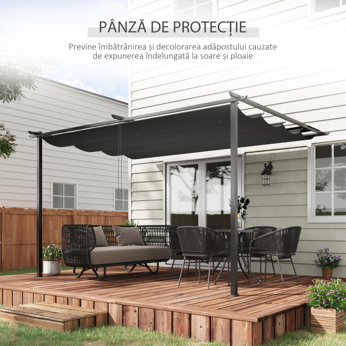  Foisor tip pergola din otel si poliester cu acoperis de protectie culisant, suruburi si carlige incluse, 390x290x220 cm, gri [5]