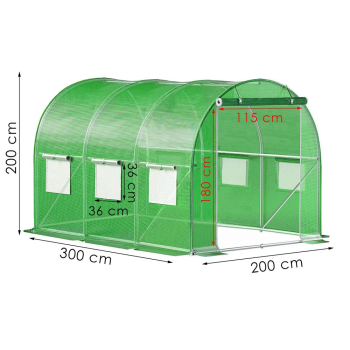 Folie inlocuire sera 300x200x200 cm, PE 140g/m2 cu plasa PP, filtru UV4, 6 ferestre si usa fermoar, verde [17]