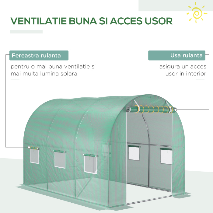  Folie pentru sera din PE cu 6 ferestre, usa rulabila si margini pentru ingropare, 3x2x2 m, verde [4]