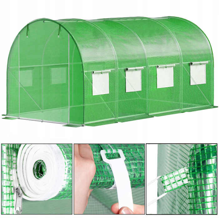 Folie pentru sera gradina 400x250x200 cm, 140 g/m², armata cu plasa, UV4, 9 ferestre, verde [11]