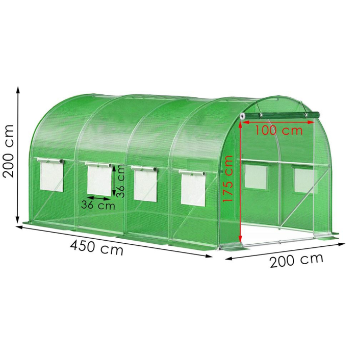 Folie pentru sera gradina 450x200x200 cm, 140 g/m², armata cu plasa, UV4, 9 ferestre, verde [22]