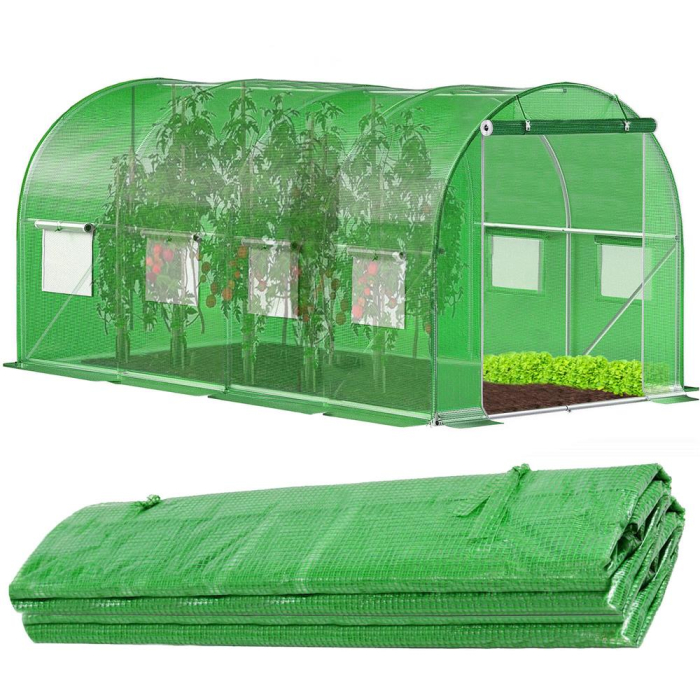 Folie pentru sera gradina 450x200x200 cm, 140 g/m², armata cu plasa, UV4, 9 ferestre, verde [18]