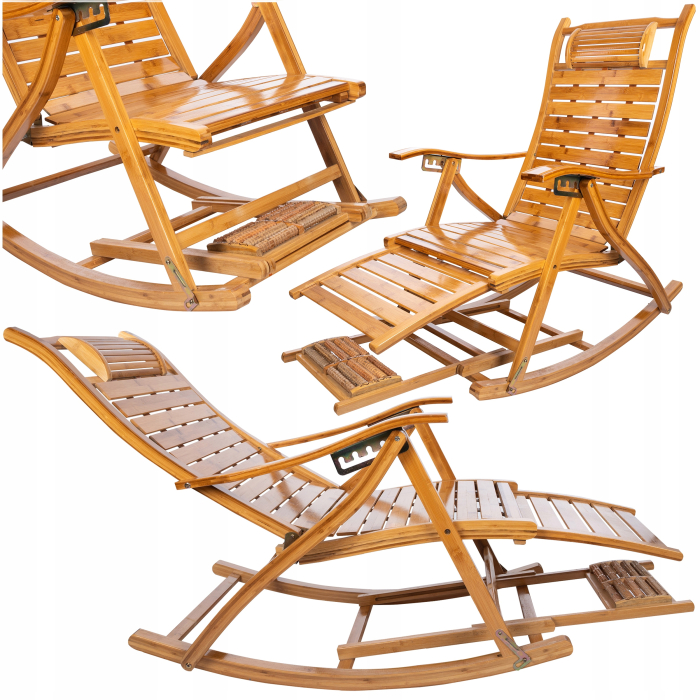 Fotoliu balansoar multifunctional, reglabil 5 pozitii, cu suport picioare si masaj, 158 cm, bambus [15]