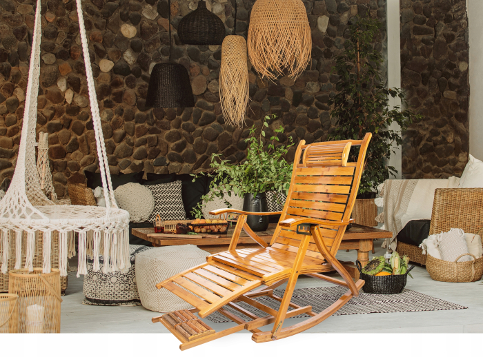 Fotoliu balansoar multifunctional, reglabil 5 pozitii, cu suport picioare si masaj, 158 cm, bambus [10]