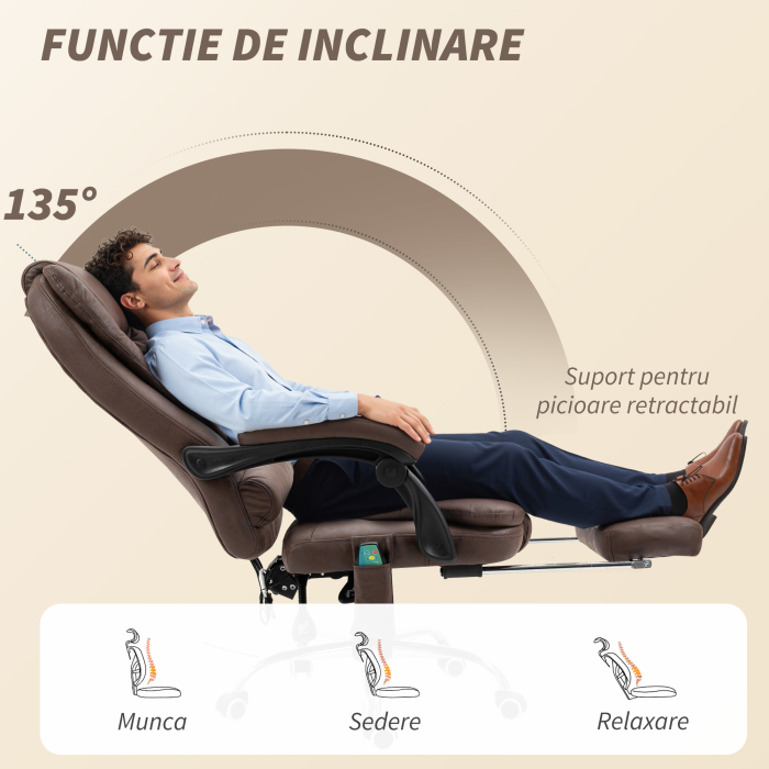  Fotoliu Birou cu Telecomanda si 6 Puncte Masaj, din Microfibra, 65x70x111-119 cm, Maro [5]