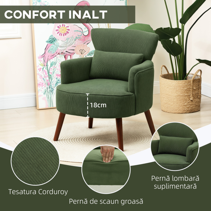  Fotoliu Capitonat cu Perna si sezut Gros, Fotoliu din Catifea cu Spatar si Picioare din Lemn, 69x69,5x78 cm, Verde [5]