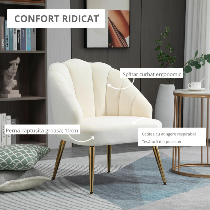  Fotoliu Catifea Crem - 63×65×84 cm, Spatar Tip Scoica Elegant [4]