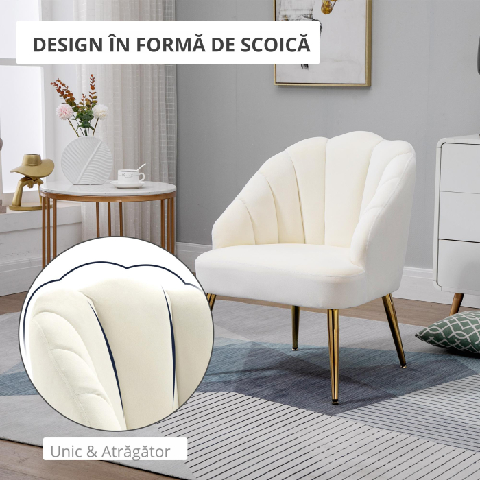  Fotoliu Catifea Crem - 63×65×84 cm, Spatar Tip Scoica Elegant [5]