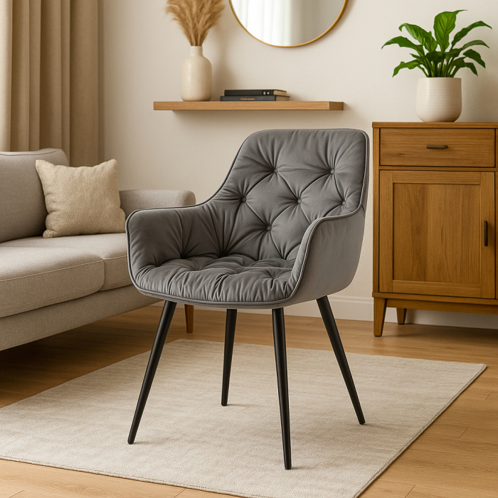 Fotoliu catifea tapitat, cu spatar inalt si design cu cusaturi, 55x60x89 cm, gri [2]