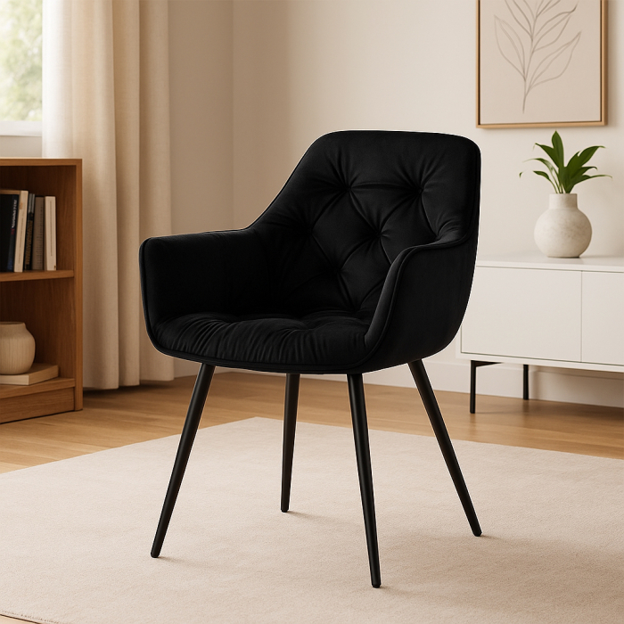 Fotoliu catifea tapitat, cu spatar inalt si design cu cusaturi, 55x60x89 cm, negru [3]