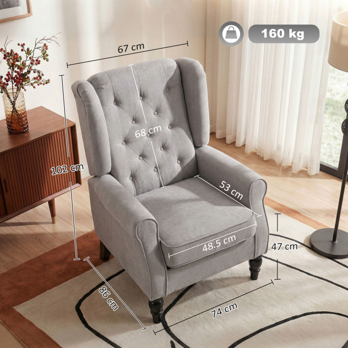  Fotoliu Chesterfield in Tesatura Detasabila cu Sezuta Ampla Gri 74 x 86 102 cm [3]