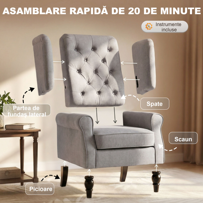  Fotoliu Chesterfield in Tesatura Detasabila cu Sezuta Ampla Gri 74 x 86 102 cm [7]