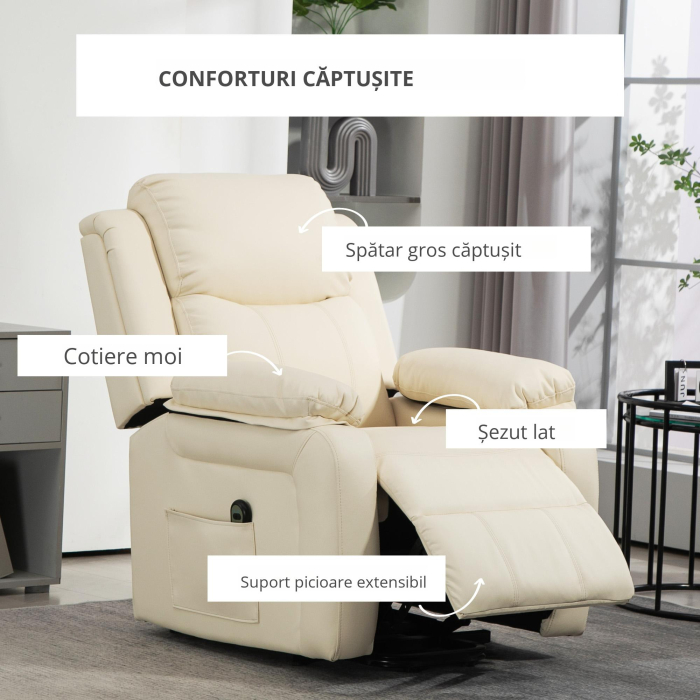  Fotoliu cu Functie de Ridicare Reclinabil la 160° cu Suport pentru Picioare si Telecomanda, din Piele PU si Otel, 76x90x105 cm, Crem [7]