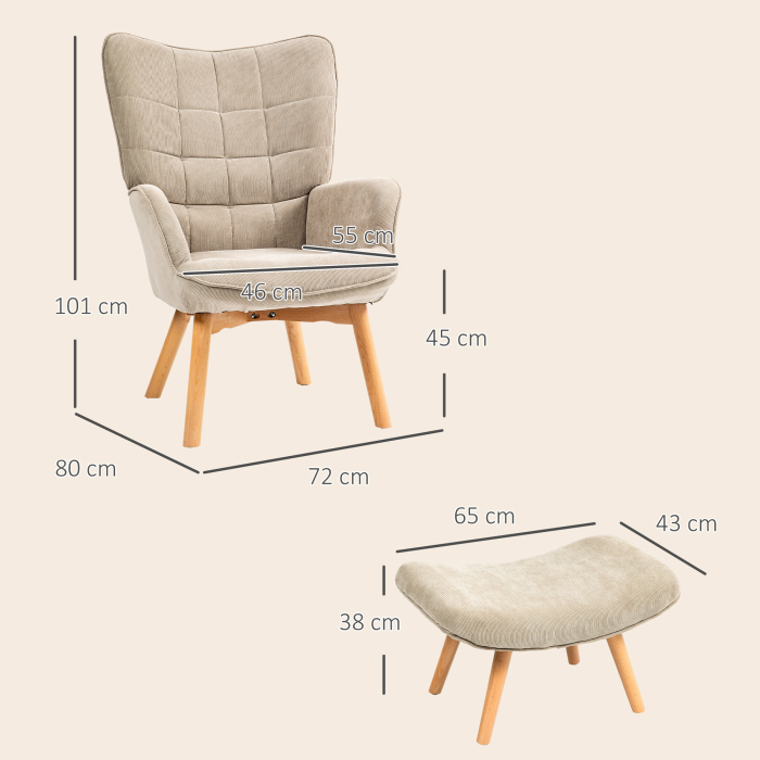  Fotoliu cu Taburet din Catifea cu Model Crestat , Spatar inalt si Brate, 72x80x101 cm, Bej [3]