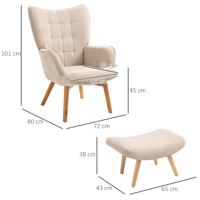  Fotoliu cu Taburet pentru Camera sau Living din Catifea cu Model Crestat , Spatar inalt si Brate, 72x80x101 cm, Bej [3]