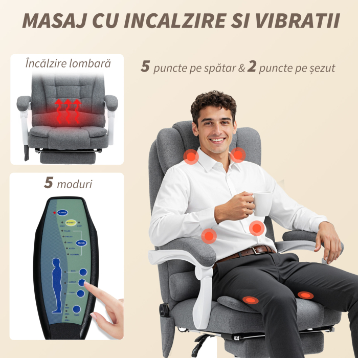  Fotoliu de Birou cu Telecomanda si 6 Puncte de Masaj, din Material Mixt Catifea si In, 67x79x111-121 cm, Gri [4]