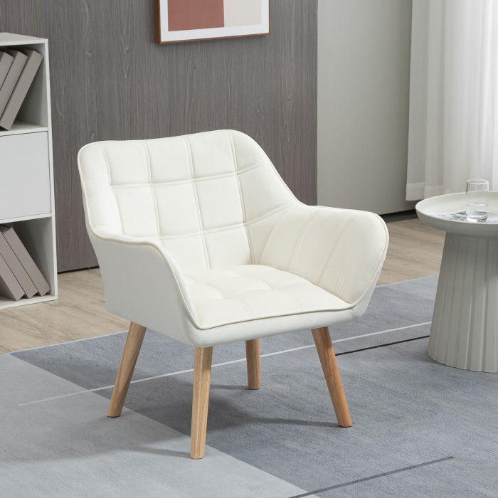  Fotoliu de design scandinav din lemn si catifea de culoare crem, pentru sufragerie sau birou, 67x61,5x71cm [2]