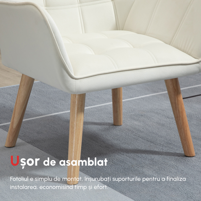  Fotoliu de design scandinav din lemn si catifea de culoare crem, pentru sufragerie sau birou, 67x61,5x71cm [9]