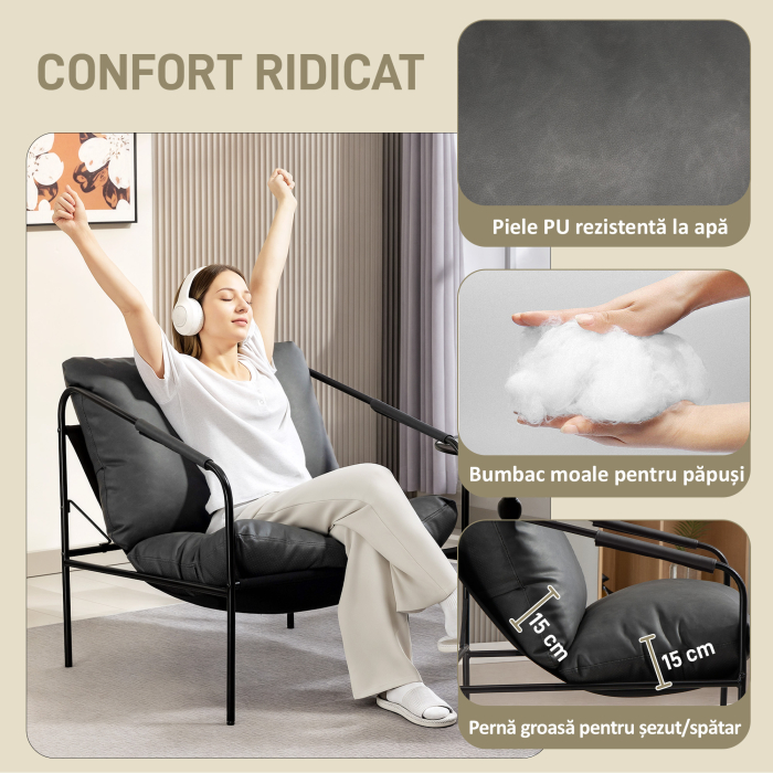  Fotoliu de Living din Piele PU si Cadru Metalic cu Perne Groase, 74,5x75x77 cm, Gri Carbune [4]