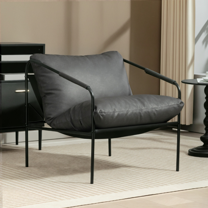  Fotoliu de Living din Piele PU si Cadru Metalic cu Perne Groase, 74,5x75x77 cm, Gri Carbune [2]