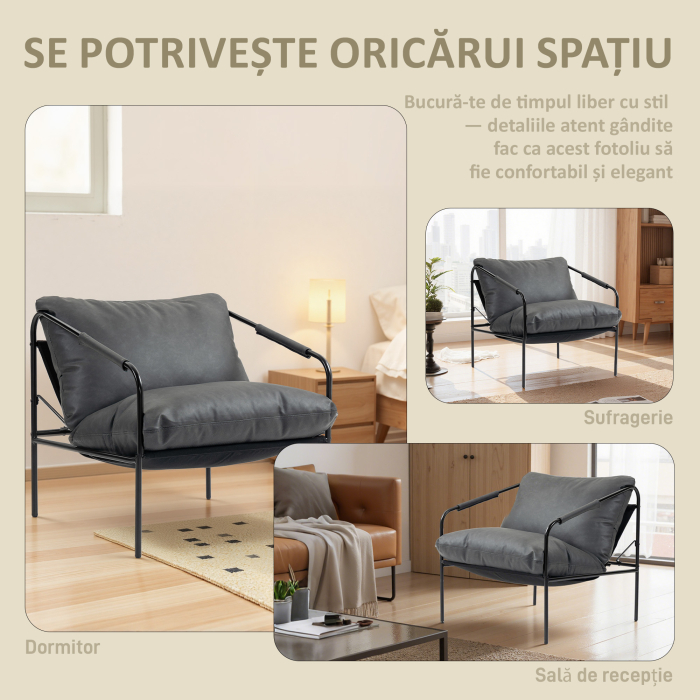 Fotoliu de Living din Piele PU si Cadru Metalic cu Perne Groase, 74,5x75x77 cm, Gri Carbune [6]