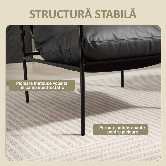  Fotoliu de Living din Piele PU si Cadru Metalic cu Perne Groase, 74,5x75x77 cm, Gri Carbune [5]