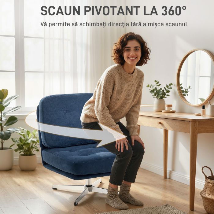  Fotoliu de Living Pivotant imbracat in Chenila cu sezut Lat, Fotoliu Modern pentru Dormitor cu Picioare Metalice, Albastru inchis [7]