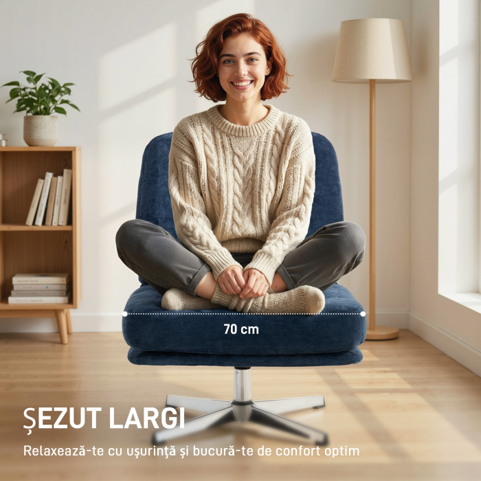  Fotoliu de Living Pivotant imbracat in Chenila cu sezut Lat, Fotoliu Modern pentru Dormitor cu Picioare Metalice, Albastru inchis [4]