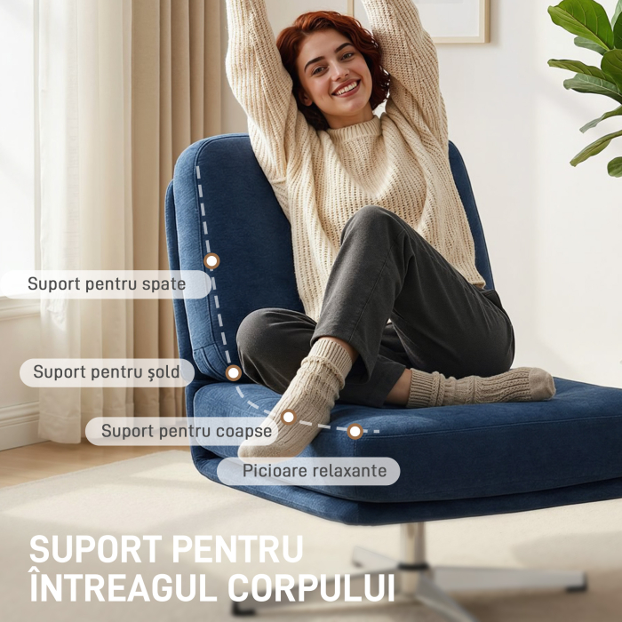  Fotoliu de Living Pivotant imbracat in Chenila cu sezut Lat, Fotoliu Modern pentru Dormitor cu Picioare Metalice, Albastru inchis [8]