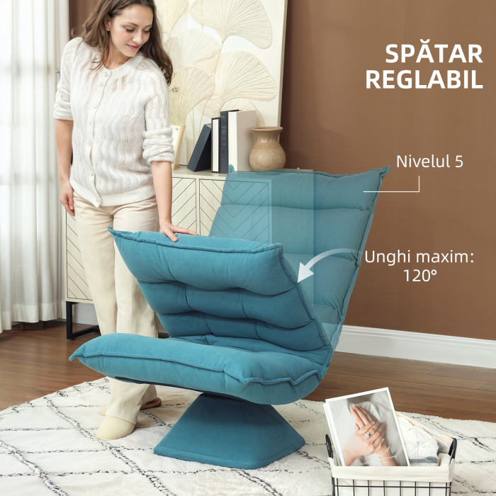  Fotoliu de Podea Relaxant Rotativ 360° cu Spatar Reglabil in 5 Pozitii, 62x70x95 cm, Albastru [4]