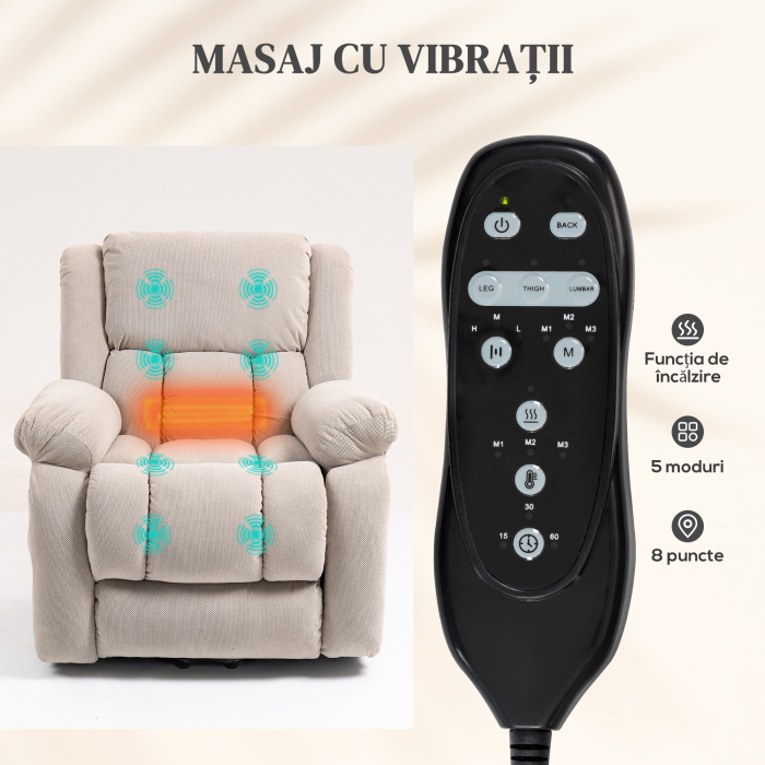  Fotoliu de Ridicare Masajant si Reclinabil cu 2 Buzunare si Telecomanda, 93x104x105 cm, Bej [5]
