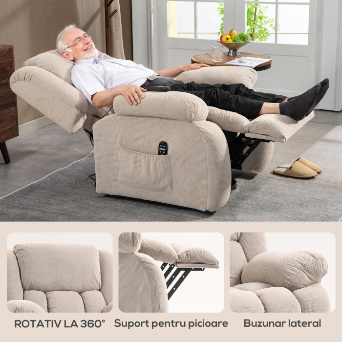  Fotoliu de Ridicare Masajant si Reclinabil cu 2 Buzunare si Telecomanda, 93x104x105 cm, Bej [8]