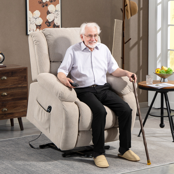  Fotoliu de Ridicare Masajant si Reclinabil cu 2 Buzunare si Telecomanda, 93x104x105 cm, Bej [2]